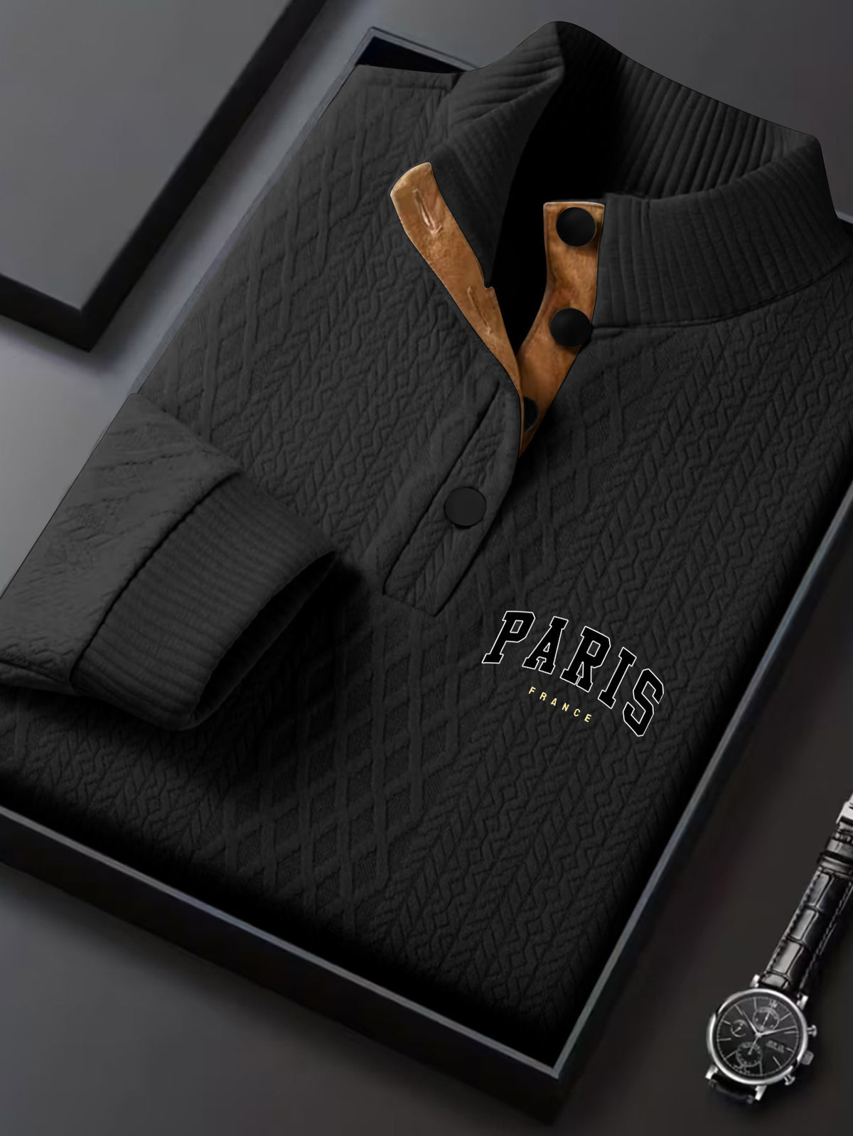 Men's New Jacquard Top with Textured Classic Stand Collar to Enhance Neckline, Half-Button Placket Continuing Vintage Henley Style, Patchwork Design Fashion Knit Shirt - Black