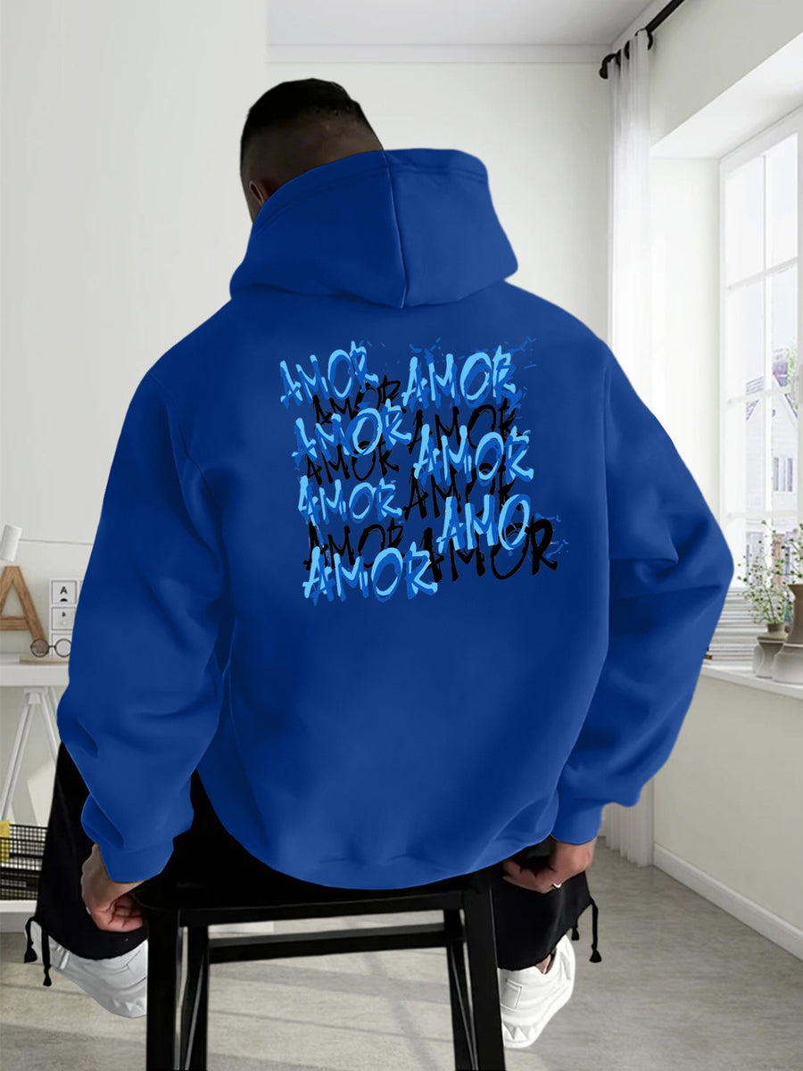 Thanksgiving Men's Hoodie with "AMOR" Blue Ink Splatter Graffiti Print on the Back, Warm and Comfortable Autumn/Winter Hooded Sweatshirt, Featuring a Practical Kangaroo Pocket, Trendy Brand-Style Stacked Letter Pattern and Floral Design - Royal Blue