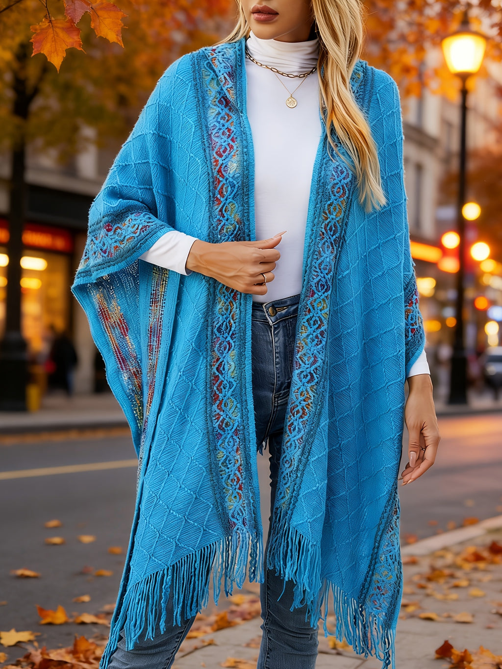 Elegant Special Edition 'Net Body Bust' Vacation Style 1pc Women's Diamond Jacquard Hooded Cape Cardigan, Vintage Ethnic Style Solid Color Tassel Fashionable Elegant European and American Style Warm Sweater Coat, Suitable for Spring, Autumn - Blue