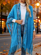Elegant Special Edition 'Net Body Bust' Vacation Style 1pc Women's Diamond Jacquard Hooded Cape Cardigan, Vintage Ethnic Style Solid Color Tassel Fashionable Elegant European and American Style Warm Sweater Coat, Suitable for Spring, Autumn - Blue
