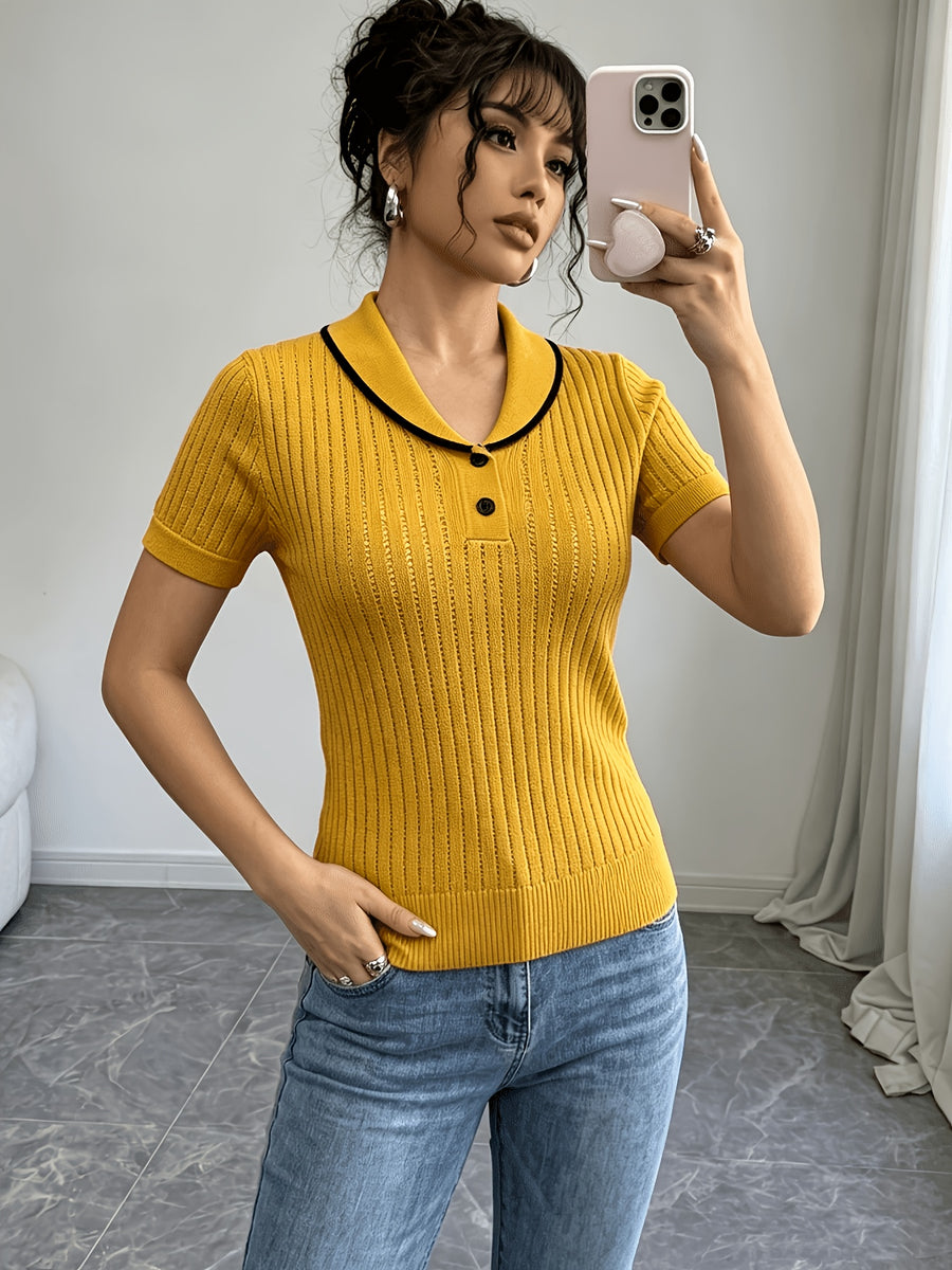 Women'S Summer Clothing Short Sleeve Solid Color Sweater, Lapel Hollow Out Design, Slim Fit Style Pullover, Spring Summer Season - Yellow