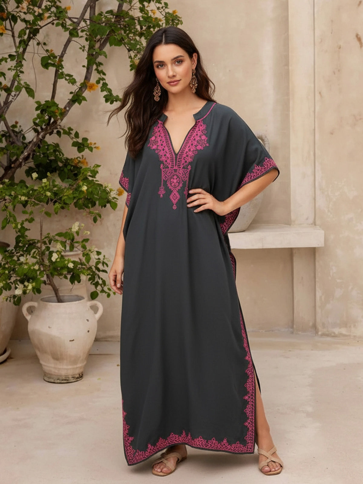 Women's Elegant Embroidered Ethnic Print V-Neck Robe Dress, Loose Batwing Sleeve Bohemian Robe, Comfortable Beach Cover-Up Q1545 - Grey