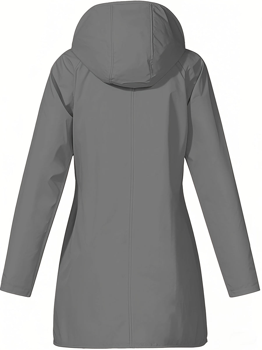 Women'S Hooded Outdoor Pocket Zipper Casual Mid-Length Trench Coat - Dark Gray