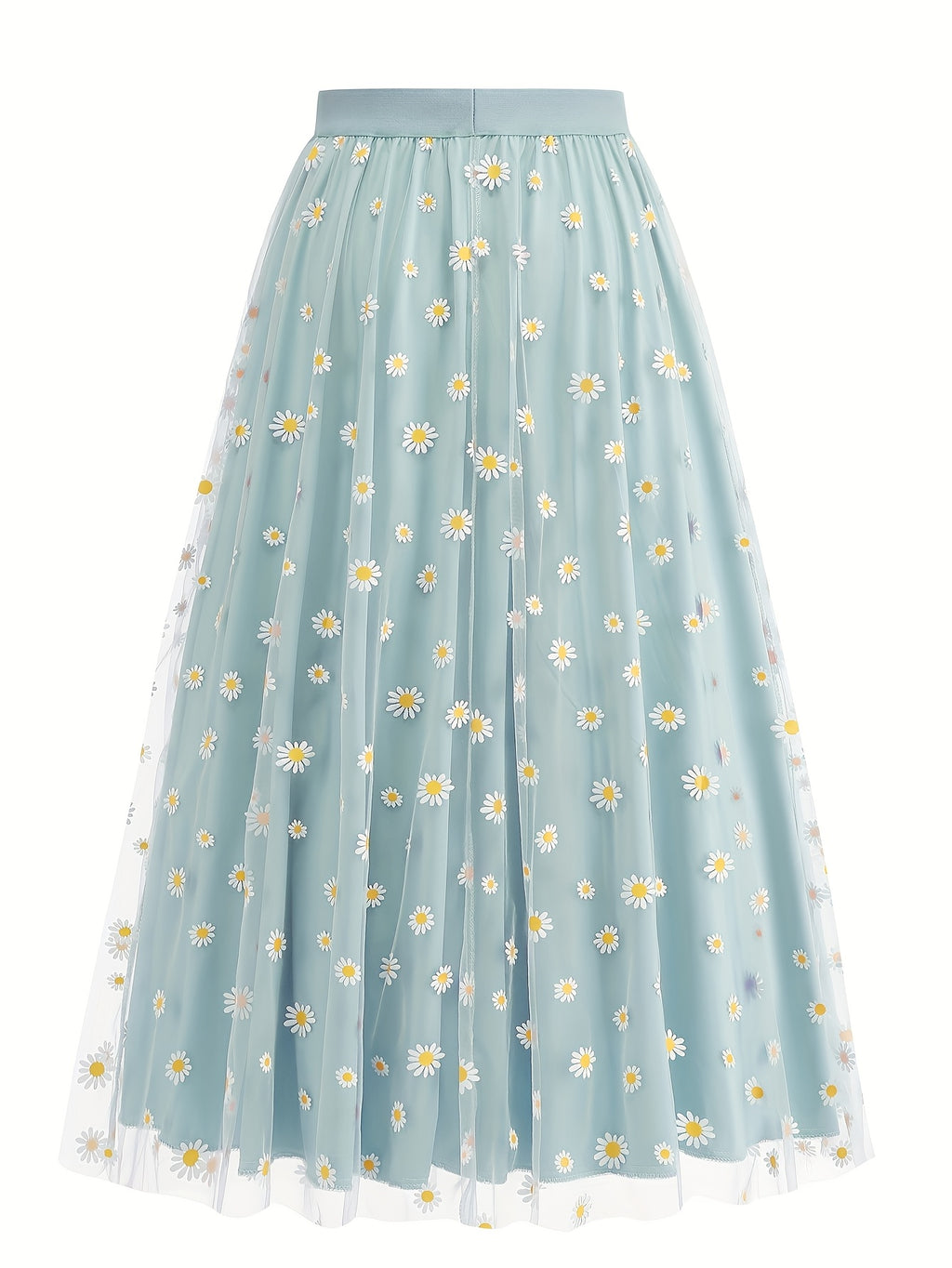 Elegant Chiffon Vacation Skirt with Small Chrysanthemum Print for Women - Light Blue