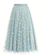 Elegant Chiffon Vacation Skirt with Small Chrysanthemum Print for Women - Light Blue