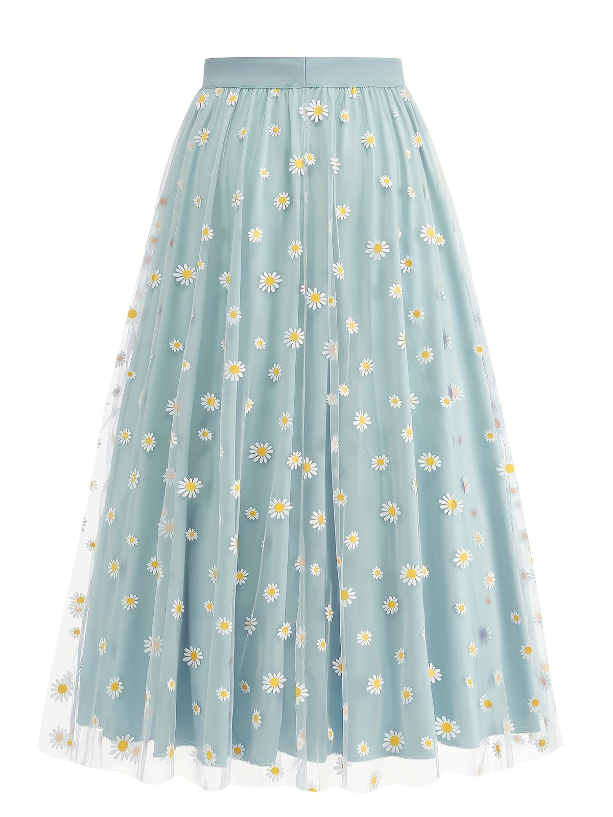 Elegant Chiffon Vacation Skirt with Small Chrysanthemum Print for Women - Light Blue