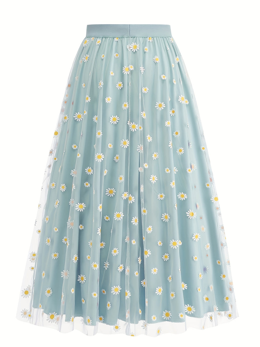 Elegant Chiffon Vacation Skirt with Small Chrysanthemum Print for Women - Light Blue