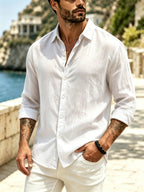 Men's Outdoor Button-Up Long Sleeve Solid Shirt for Back-to-School Season, Regular Fit Suitable for Daily Wear in Spring and Autumn - White