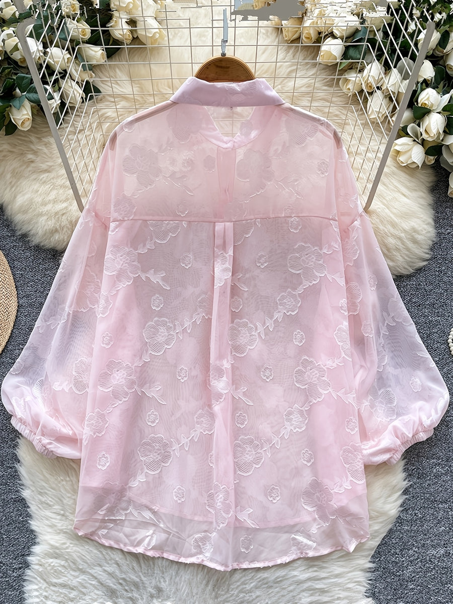 Light Luxury Socialite Heavy Bead Sequin Embroidery Lantern Sleeve Shirt Women'S Summer Thin Loose Outerwear Long Sleeve Top - Pink