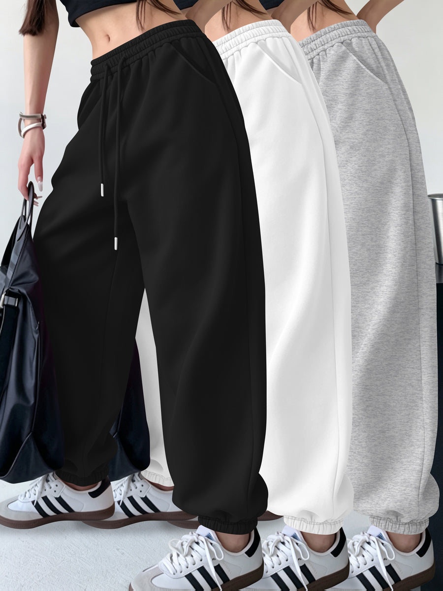 3pcs Set Halloween Casual Long Pants Elastic Waistband Pants, Warm Elastic Waistband Casual Trousers for Women's Outerwear in Fall/Winter - Black+White+Grey