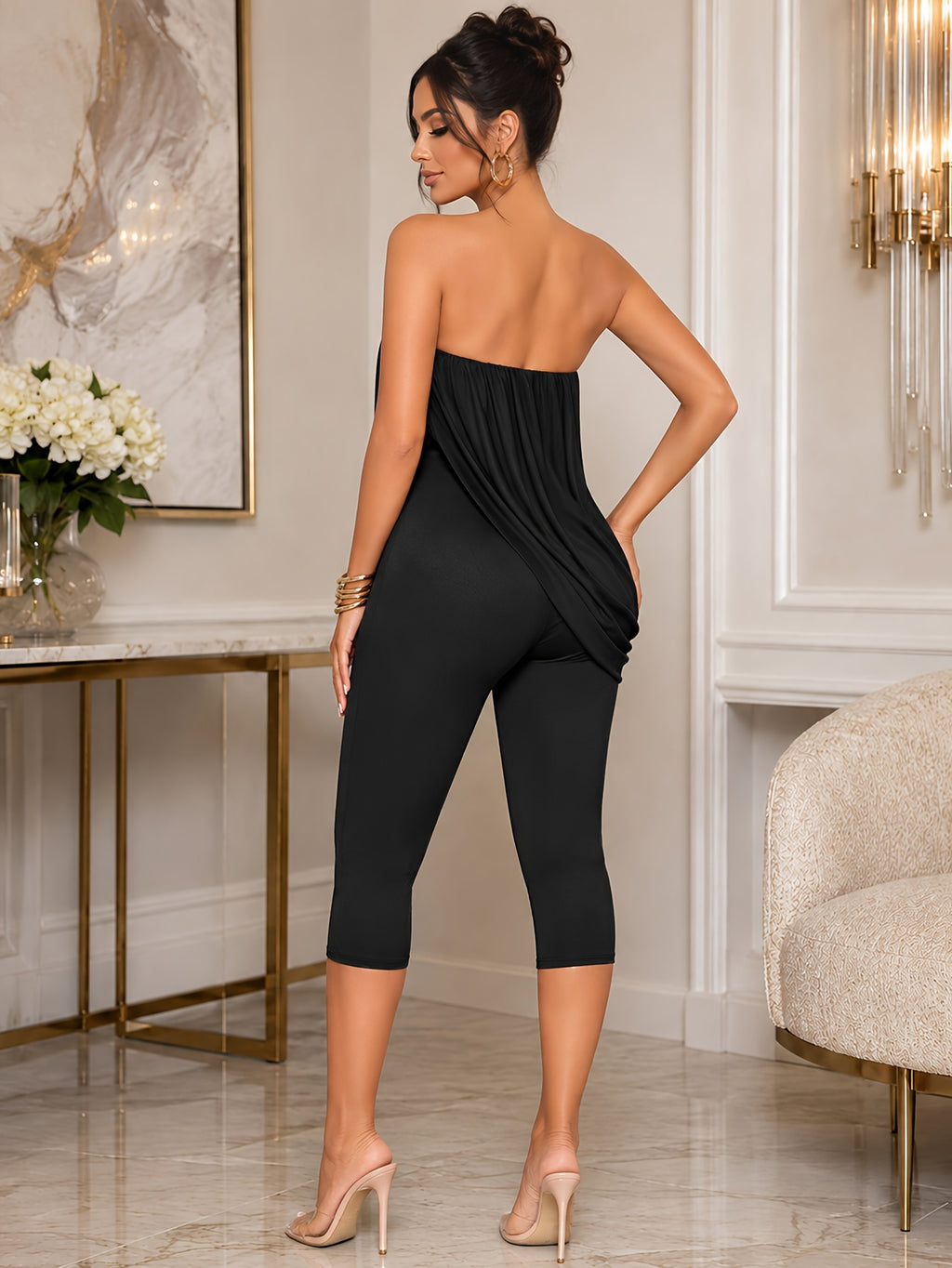 Sexy Vacation Style Solid Color Off-Shoulder Jumpsuit for Women, Summer Tube Top with Flowing Capri Pants - Black