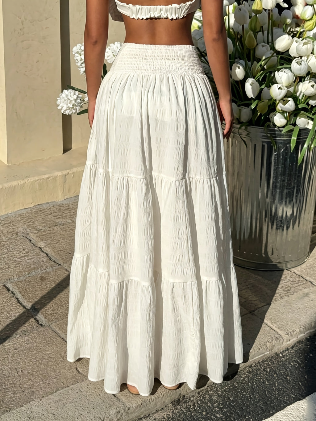 Women'S Spring Autumn Pleated Texture Half Skirt, Elastic Shirring Layered Solid Color Skirt - White