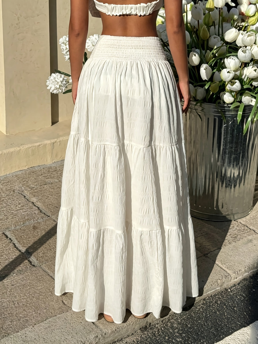 Women'S Spring Autumn Pleated Texture Half Skirt, Elastic Shirring Layered Solid Color Skirt - White