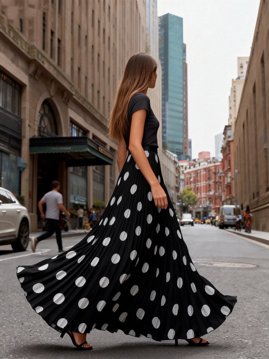 Summer High-End Print Long Dress Pleated Large Swing Skirt - Black