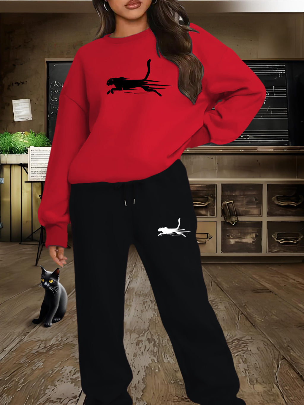 Women'S Casual Fleece-Lined Sweatshirt with a Round Neck And Matching Elastic Sports Pants Featuring a Leopard Print Design, Perfect for Autumn And Winter - Red-Black
