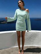 Mint Green Off Shoulder Flare Sleeve Ruched Mini Dress, Women'S Slim Bodycon Casual Vacation Party Short Dress - Viridity