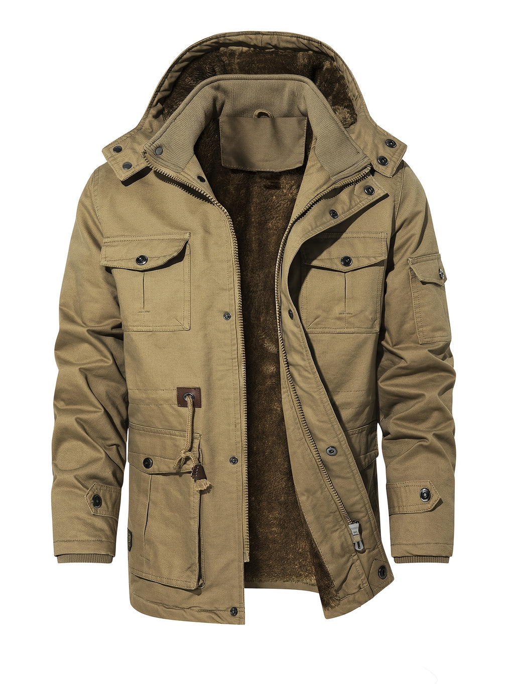 Men'S Winter Fleece-Lined Hooded Jacket - Thick Warm Insulated, Multiple Pockets, 100% Polyester Casual Coat, Machine Washable Regular Fit for Autumn/Winter Outdoor Wear, Winter Outerwear - Khaki