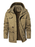 Men'S Winter Fleece-Lined Hooded Jacket - Thick Warm Insulated, Multiple Pockets, 100% Polyester Casual Coat, Machine Washable Regular Fit for Autumn/Winter Outdoor Wear, Winter Outerwear - Khaki