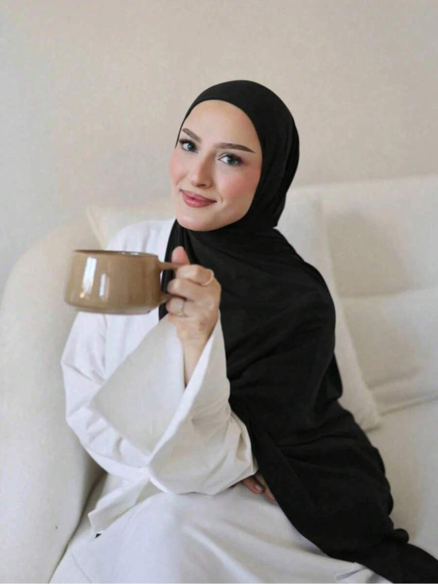 1pc Women'S Jersey Headscarf, Solid Color Scarf, Jersey Headwrap, Muslim Prayer Head Wrap Abaya, Suitable for All Seasons for Dress - Black
