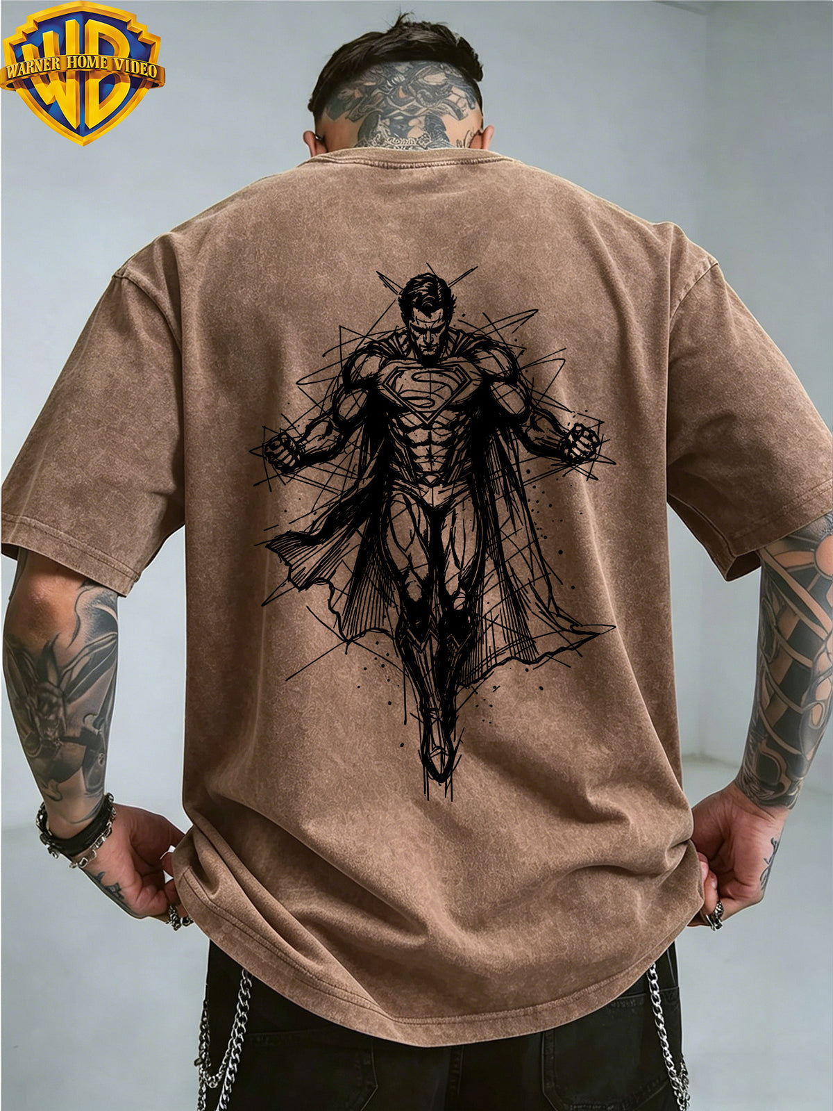 Authorized by Warner Bros., Superman Sketch Line Back Print, American Retro Washed Distressed T-Shirt, Unisex, Machine Washable, Suitable for Daily Commute And Outdoor Wear - Coffee Color