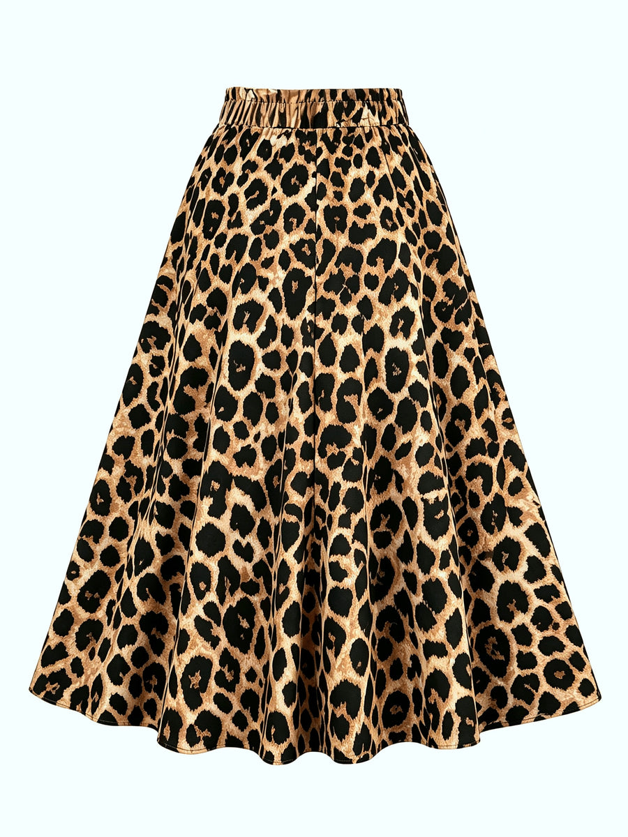 Leopard Print High-Waist Flared Midi Skirt Women'S Elastic Waist Bow Tie A-Line Swing Skirt Casual Daily Party Streetwear Long Skirts - Light Beige
