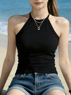 Women's Halter Neck Camisole, a Backless Top for Layering or Wearing Alone - Black