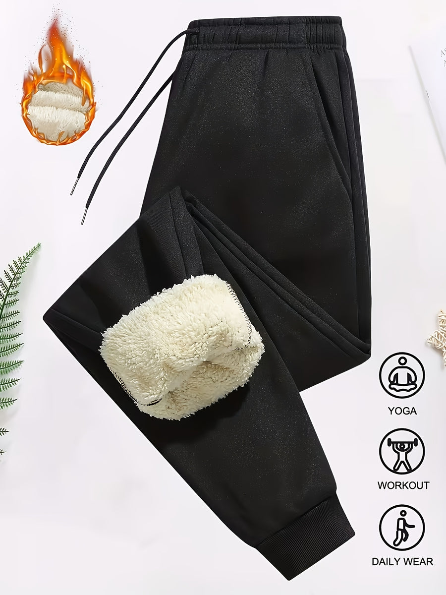 Winter Women'S Athletic Long Pants, Fleece-Lined Thick Casual Trousers with Elastic Waist And Ankle-Cinching Design - Black