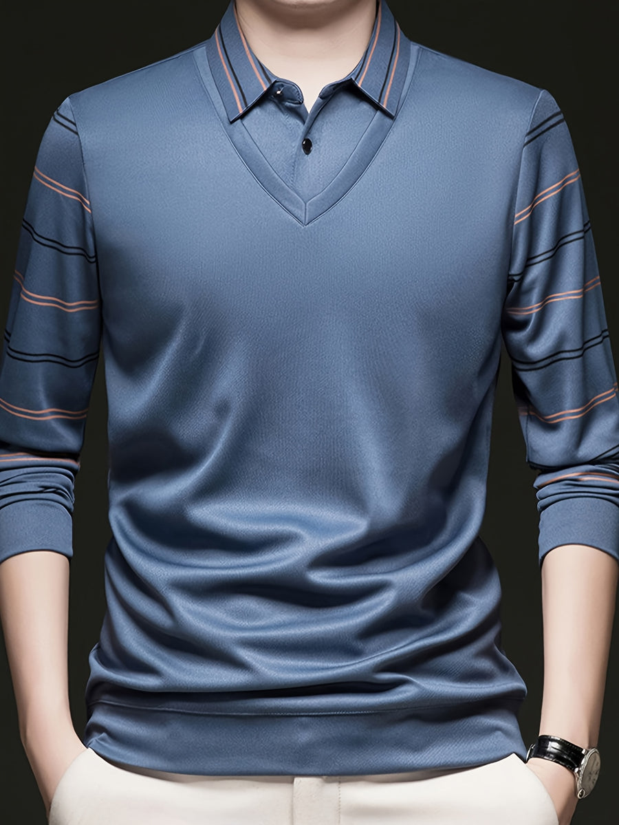 Men's Striped Lapel 2-in-1 Look Long-Sleeve Top, Spring/Autumn Style, Wearable as a Standalone or Layering Piece, Simple Business Casual Style - Blue