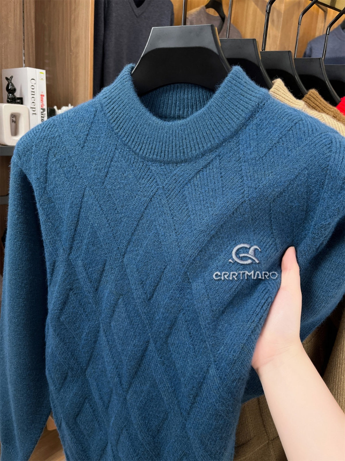ZBZP Autumn Winter Knit 3D Solid Mid-High Neck Sweater, Basic Knit Pullover Top for Men, Fashion Long Sleeve Sweater SYD - Light Blue