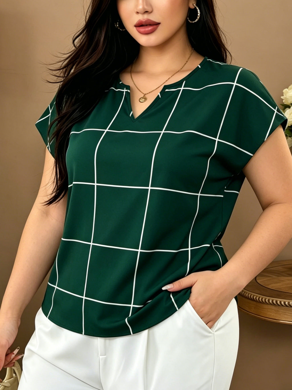 Large Plaid V-Neck Batwing Sleeve Short-Sleeved Chiffon Shirt, Minimalist Commuter Style Shirt, Versatile Temperament Top, Minimalist Commuter Style, French Relaxed Style - Green Grid