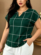 Large Plaid V-Neck Batwing Sleeve Short-Sleeved Chiffon Shirt, Minimalist Commuter Style Shirt, Versatile Temperament Top, Minimalist Commuter Style, French Relaxed Style - Green Grid