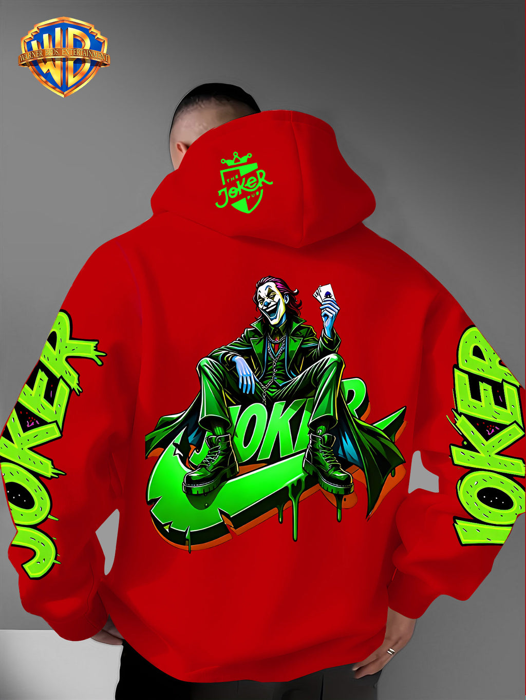 Warner Bros. American Trendy and Cool Hook, Hisley Jay Joker, JOKER Splashed Ink Graffiti Print Hooded Sweatshirt, with Adjustable Drawstring, Comfortable and Warm, Fashionable and Versatile Men's Casual Sweatshirt - Red