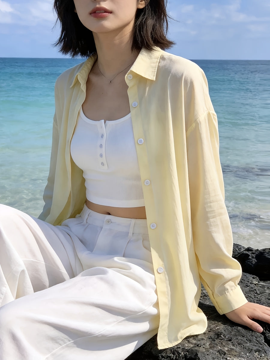 Light Yellow Gentle Temperament Long Sleeve Shirt Women'S Spring Summer New Loose All-Match Ladies Elegant Shirt Jacket Thin Long Sleeve Top - 【Light Yellow】