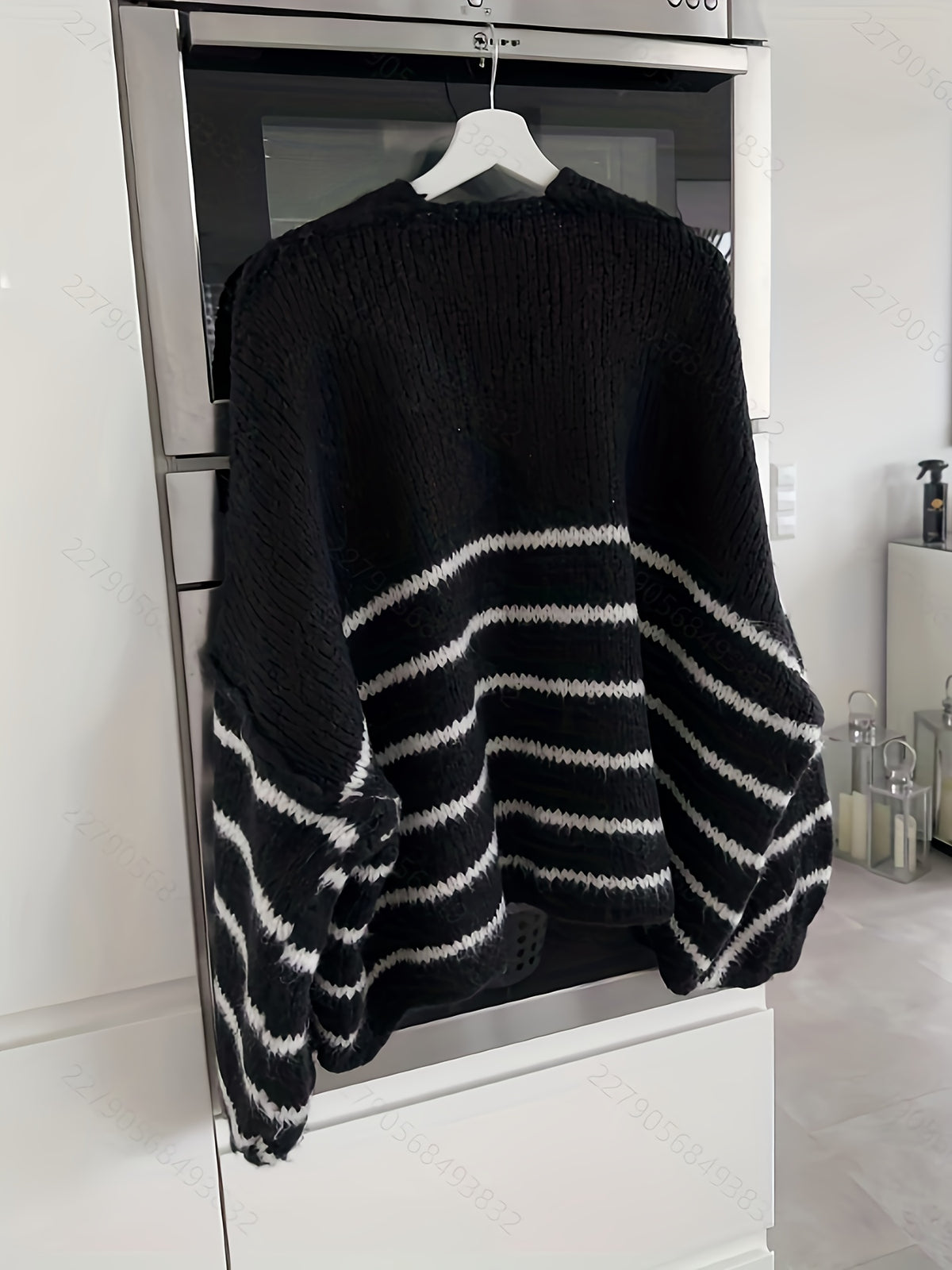 Autumn Winter Loose Lazy Style Soft Muted Contrast Black White Striped Casual Women'S Cardigan Coat - Black