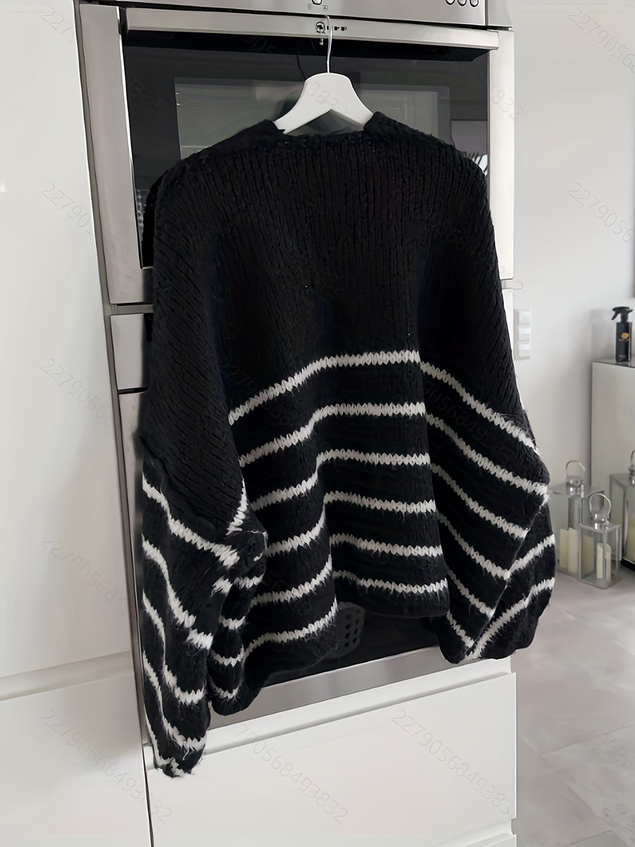 Autumn Winter Loose Lazy Style Soft Muted Contrast Black White Striped Casual Women'S Cardigan Coat - Black