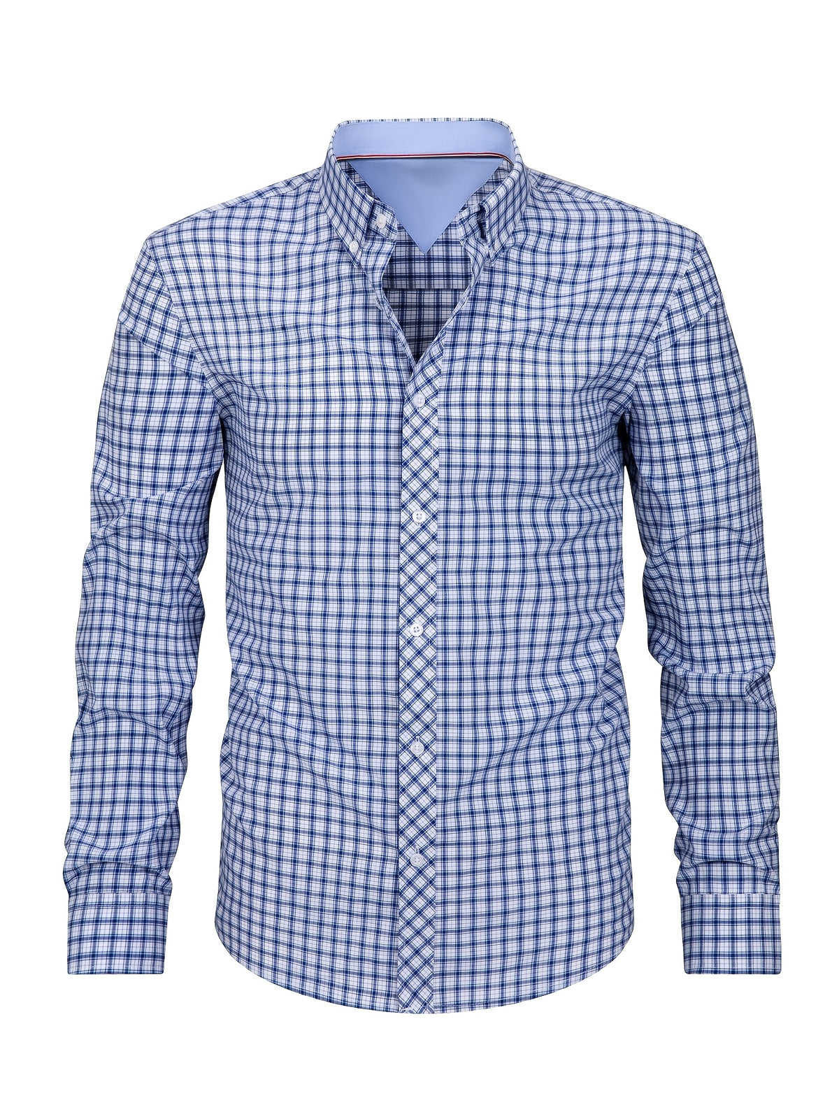 New Plaid Shirt for Men, Long Sleeve, European/American Sizing, Suitable for All Seasons and Commuting, Two-Tone Color Block Design, Four-Season Casual Shirt. Ideal for Men's Daily Wear, Vacation, Leisure, and Streetwear. The Casual Plaid Shirt - Blue Grid