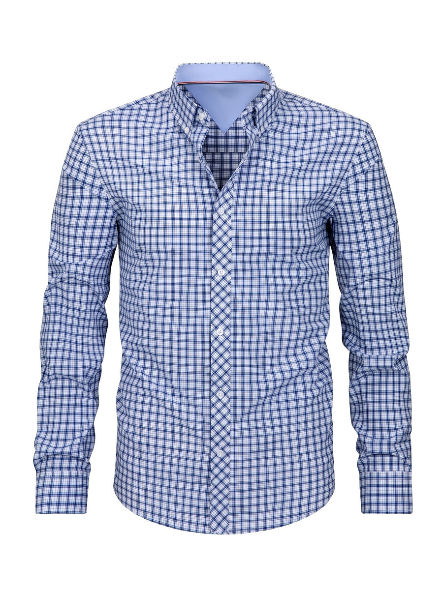 New Plaid Shirt for Men, Long Sleeve, European/American Sizing, Suitable for All Seasons and Commuting, Two-Tone Color Block Design, Four-Season Casual Shirt. Ideal for Men's Daily Wear, Vacation, Leisure, and Streetwear. The Casual Plaid Shirt - Blue Grid