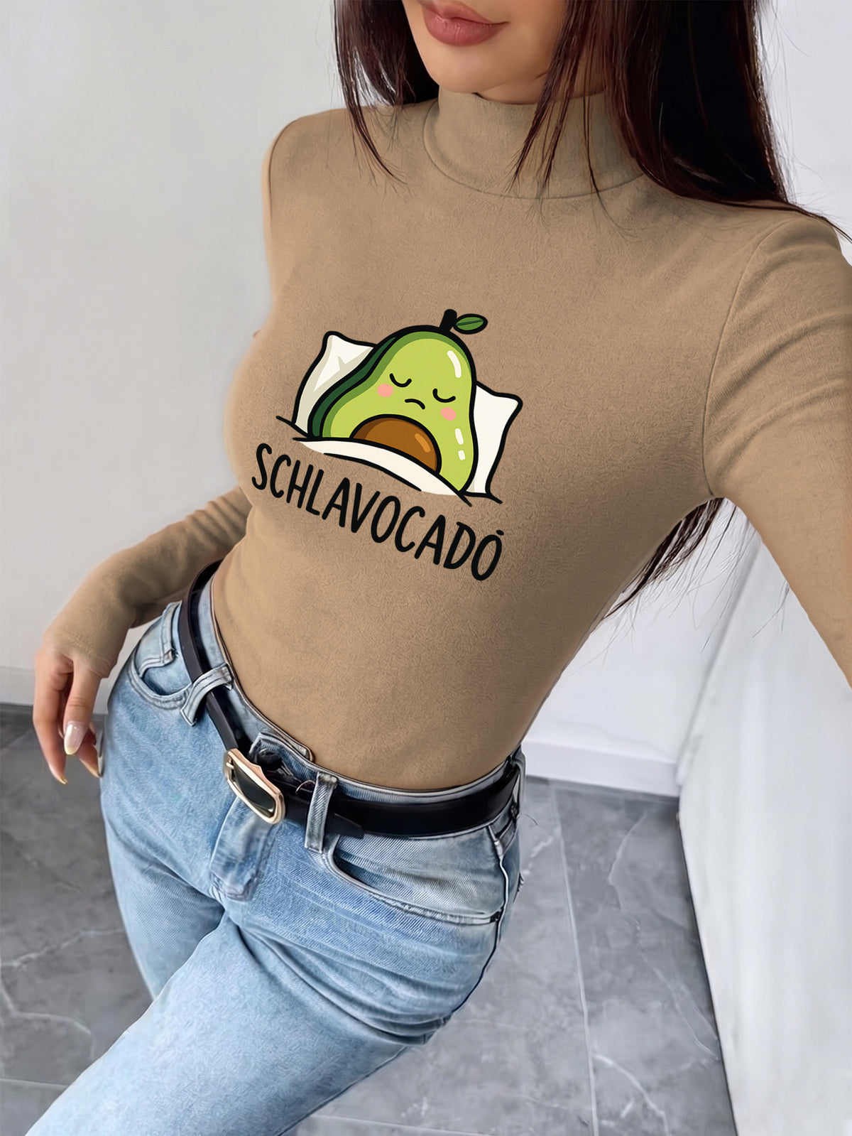 Women'S 2026 New Fashion Half-Neck Long Sleeve Body Suit, Casual Texture Autumn Winter Style, Essential Base Layer for Fall Winter, Slim Sexy Comfortable Warm, Printed with "Sleeping Avocado Cute Pillow Resting" - Khaki