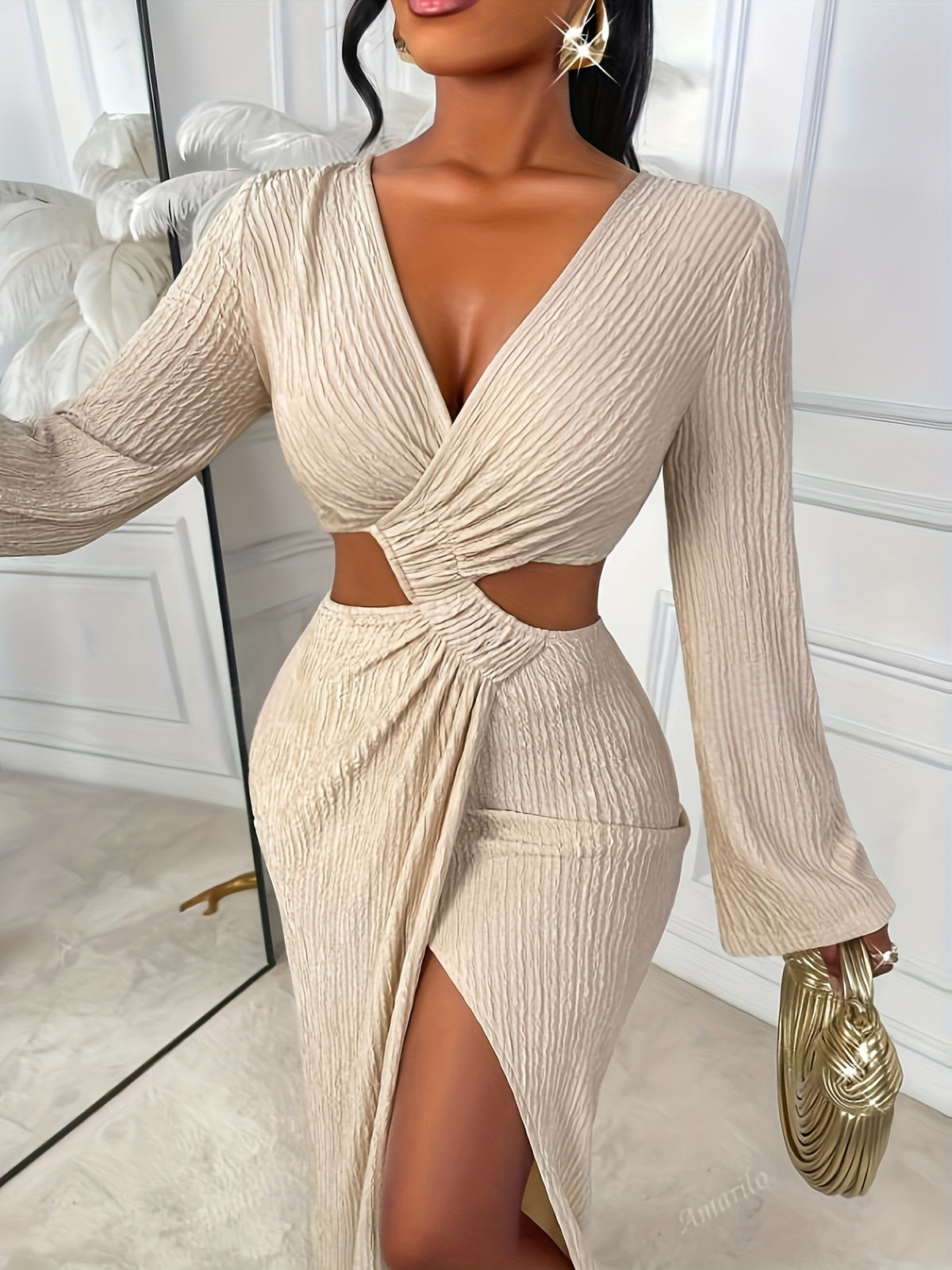 Women'S Elegant Temperament Solid Color High-Stretch V-Neck Asymmetrical High Slit Robe, Suitable for Daily Commute And Shopping, Bridesmaid Dress - Beige