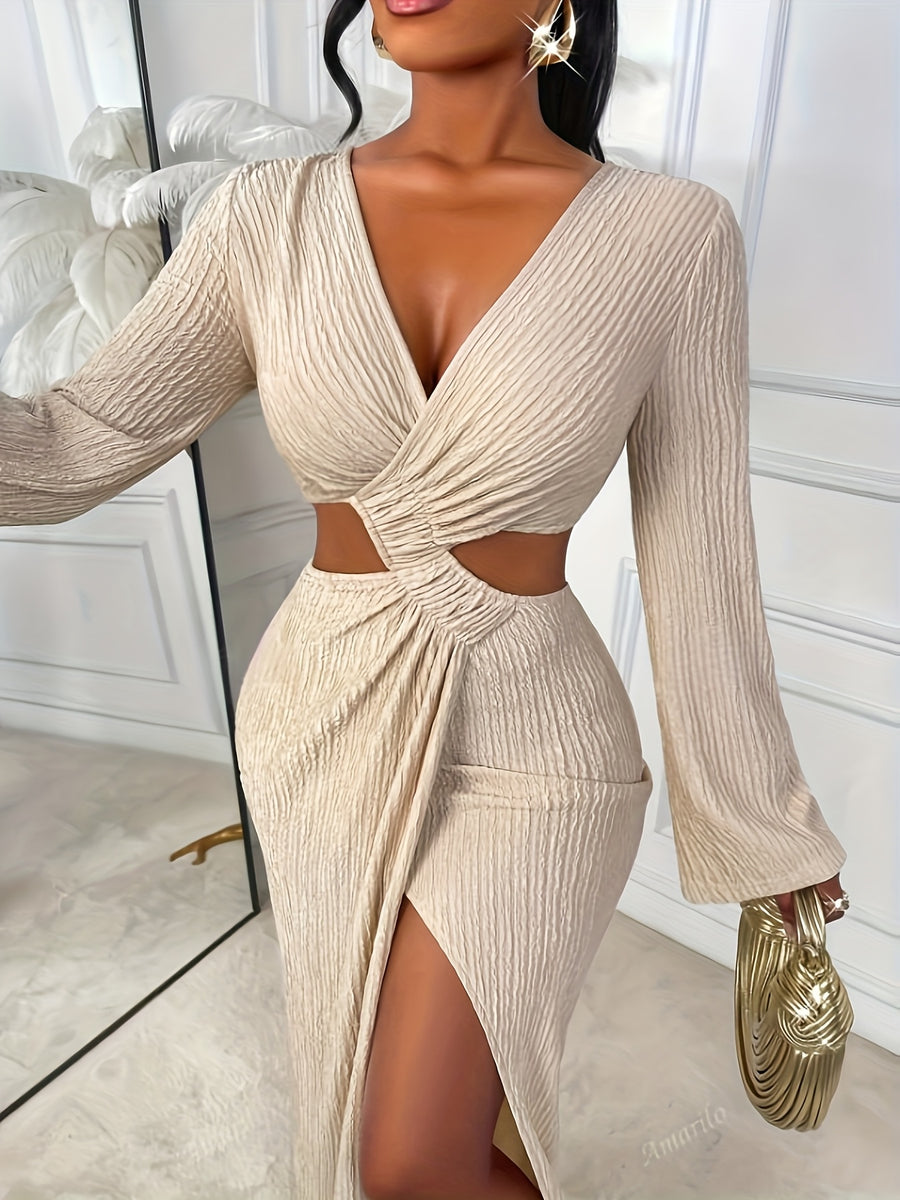 Women'S Elegant Temperament Solid Color High-Stretch V-Neck Asymmetrical High Slit Robe, Suitable for Daily Commute And Shopping, Bridesmaid Dress - Beige
