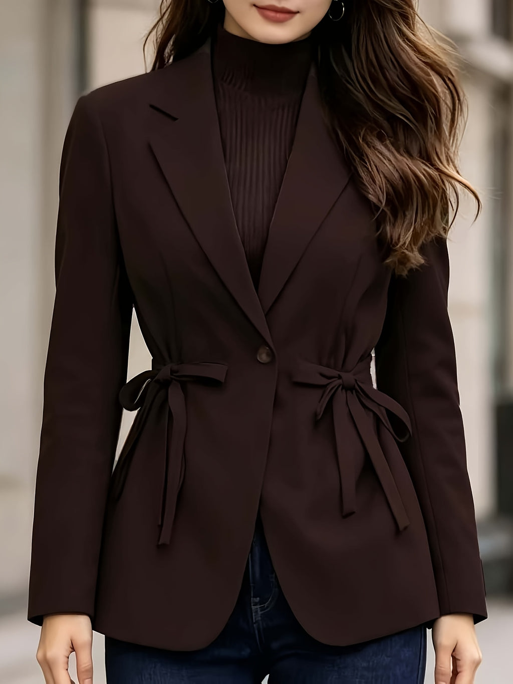 Elegant and Fashionable Women's Solid-color Lapel Blazer with a Cinched Waist, Bow-tie Belt, Single-breasted, and Slim-fit Design, Suitable for Commuting, Workplace, and Daily Wear - Reddish Brown