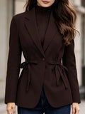 Elegant and Fashionable Women's Solid-color Lapel Blazer with a Cinched Waist, Bow-tie Belt, Single-breasted, and Slim-fit Design, Suitable for Commuting, Workplace, and Daily Wear - Reddish Brown