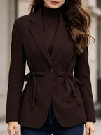 Elegant and Fashionable Women's Solid-color Lapel Blazer with a Cinched Waist, Bow-tie Belt, Single-breasted, and Slim-fit Design, Suitable for Commuting, Workplace, and Daily Wear - Reddish Brown