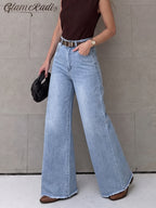 New Women's High-Waist Light Blue Washed Wide-Leg Jeans, Frayed Hem with Stretch Fabric, Loose, Soft and Comfortable Fit. Great for Shopping, Parties, Daily Commutes, Vacations, Festivals and Other Outdoor Occasions, Wearable All Year Round. - Light Blue