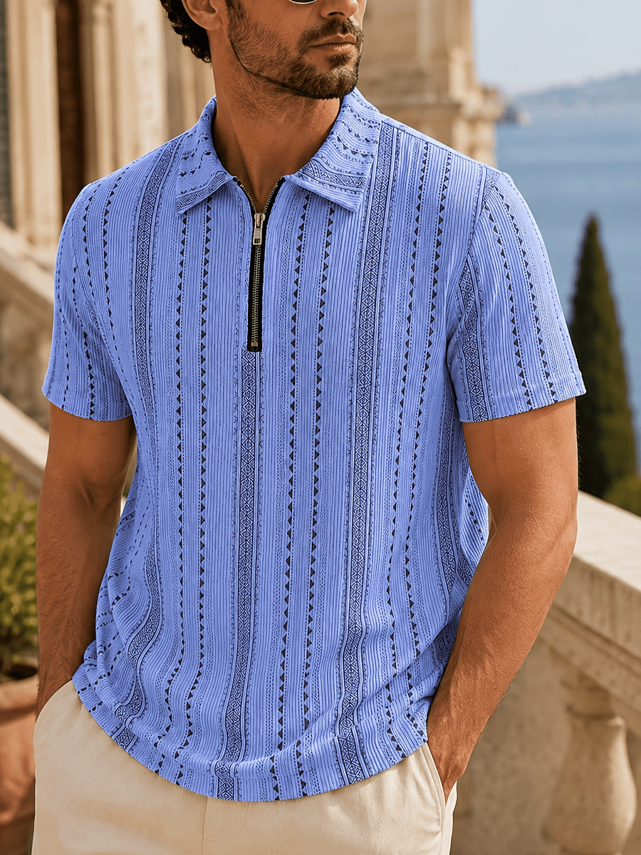 Men's Summer Knit Polo Shirt, Fashion Vertical Jacquard Stripe, Half-Zip Geometric Texture, Suitable for Trips, Business Occasions & Evening Dates - Men's Knit Polo Shirt (Sea Blue)