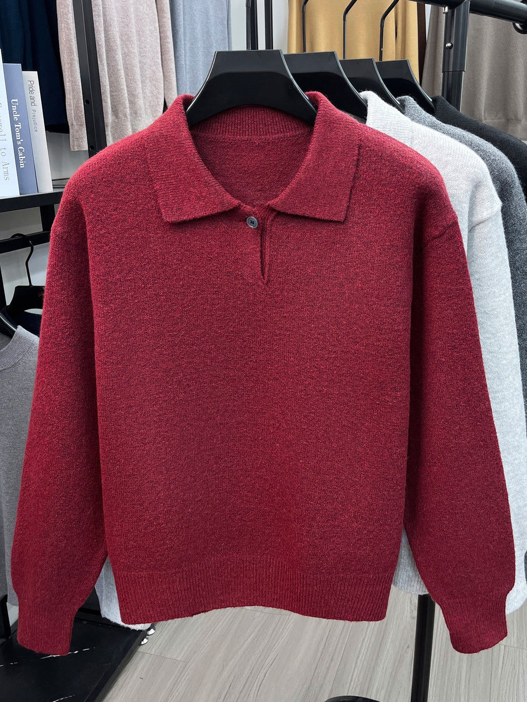 Single-piece Mature Business Men's Polo Shirt, Men's Polo Collar Knit Top, Half-Button Placket Design, Fine and Soft Knitted Texture, Ribbed Cuffs and Hem, Simple Commuting Vintage Style, Suitable for Spring, Autumn, and Winter Wear - Burgundy