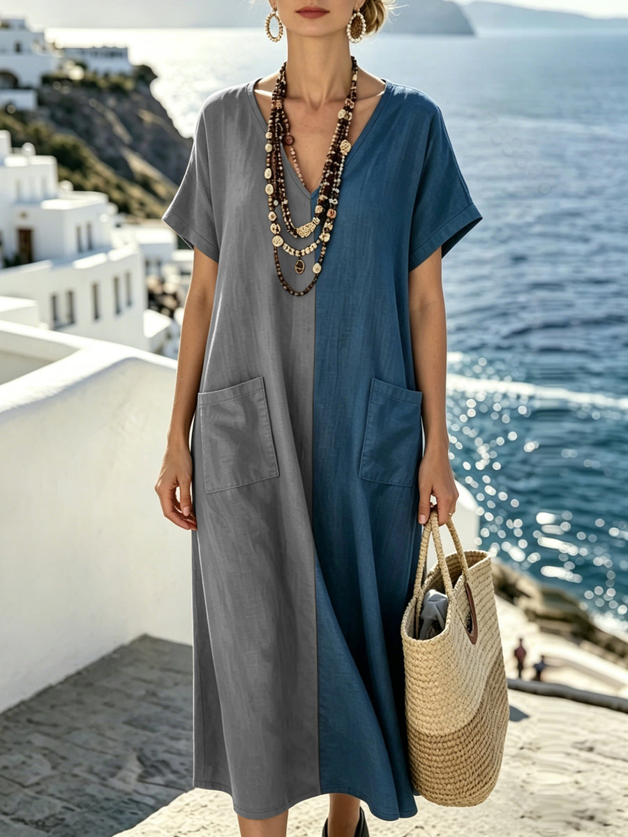 Plus Size, Bohemian Color-Block Vacation Style Patchwork Maxi Dress, V-Neck Loose Fit Fashionable Vintage Plus Size Dress - Light Grey