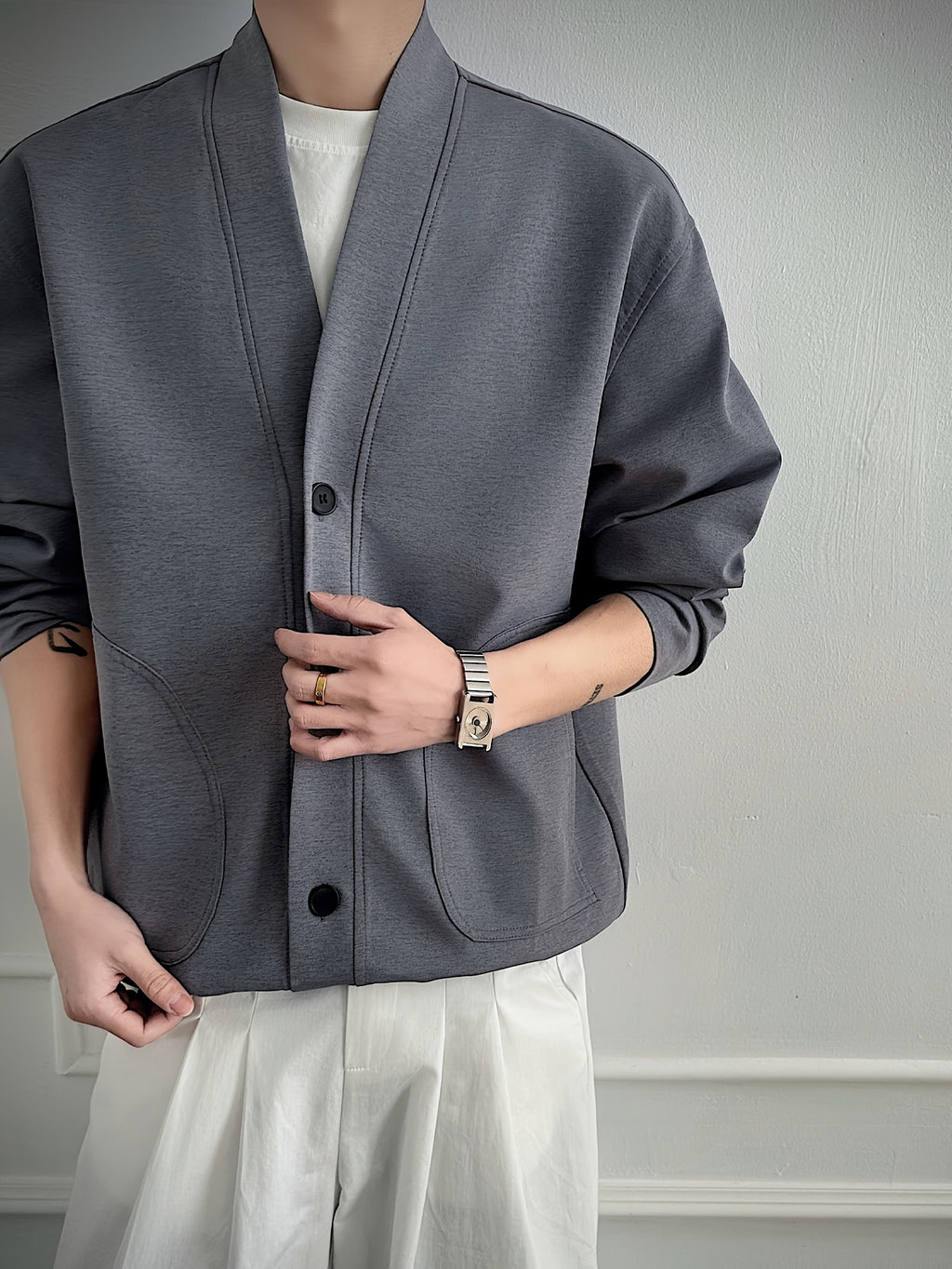 Men'S Soft Shell Jacket, 1pc Men'S Fashionable Easy Versatile Casual Jacket Outerwear Top, Loose Fit, Comfortable Stretch Fabric, Suitable for Daily Casual Wear - Grey