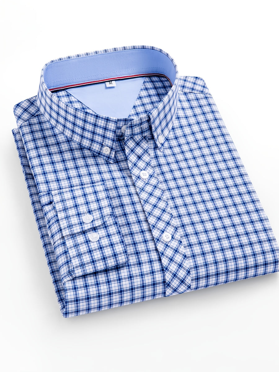 New Plaid Shirt for Men, Long Sleeve, European/American Sizing, Suitable for All Seasons and Commuting, Two-Tone Color Block Design, Four-Season Casual Shirt. Ideal for Men's Daily Wear, Vacation, Leisure, and Streetwear. The Casual Plaid Shirt - Blue Grid