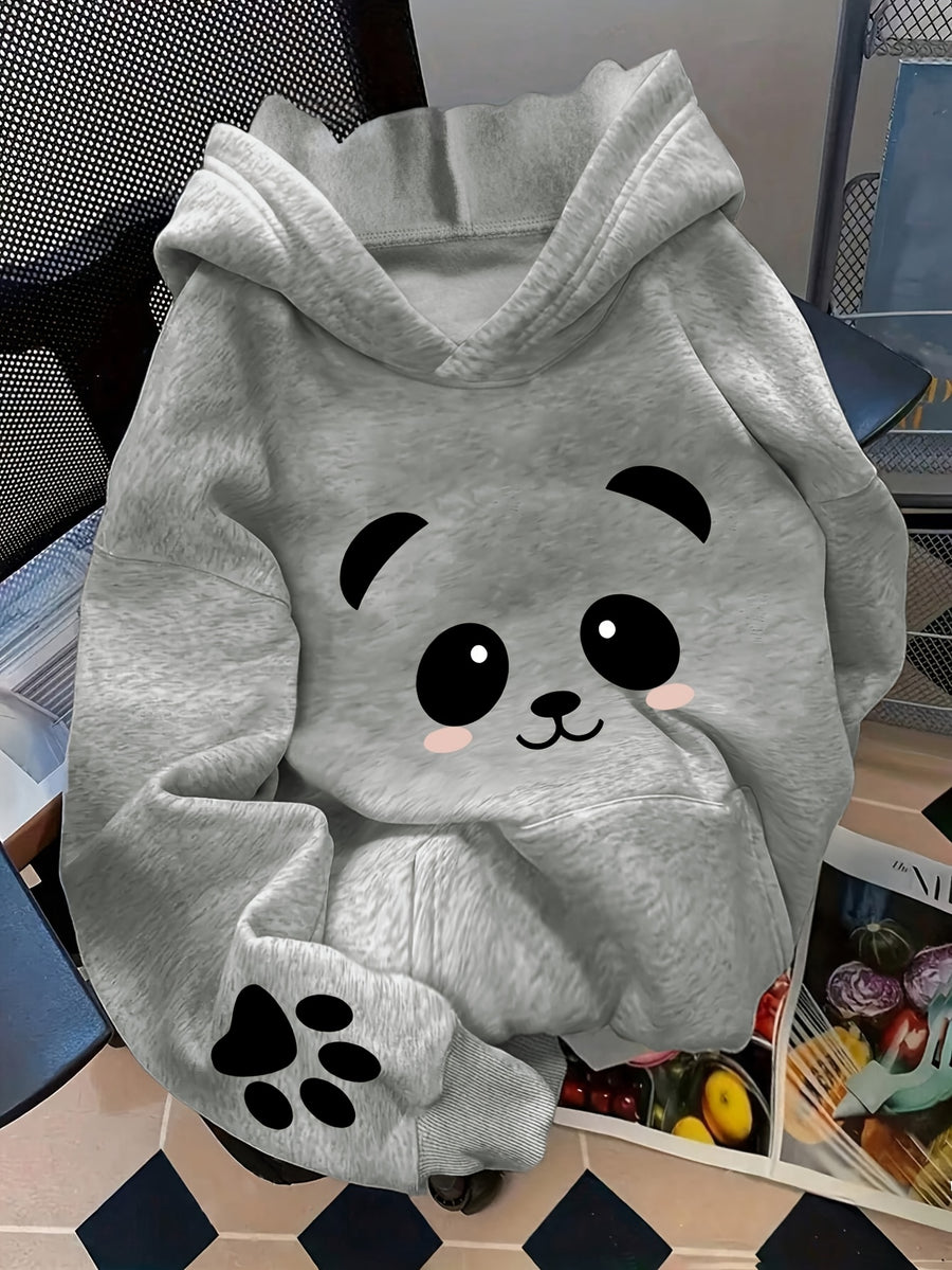 Women'S Warm Fleece Sweatshirt for Spring, Autumn, And Winter Featuring a Cute Panda Theme Print. This Autumn And Winter Commuting Piece Combines Soft And Adorable Elements Suitable for a Light Casual Office Style, Merging Warmth with a Loose Fit - Light Grey